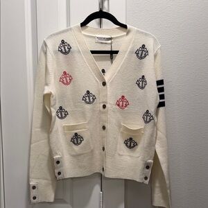 Cream Cardigan with Navy and Red Anchor Embroidery